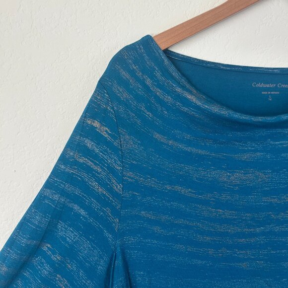 Coldwater Creek Top Womens Large Blue Metallic Striped Swoop Neck Shirt L - Picture 4 of 7